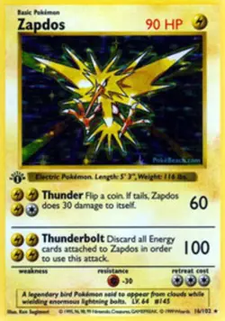 Heavily Played Zapdos - 16/102 - Holo Rare - 1st Edition Pokemon Base Set - Image 1