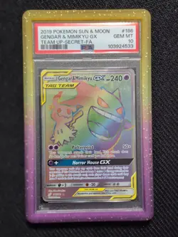 2019 POKEMON TEAM UP #186/181 GENGAR MIMIKYU GX TAG TEAM FA SECRET RARE PSA 10 - Image 1