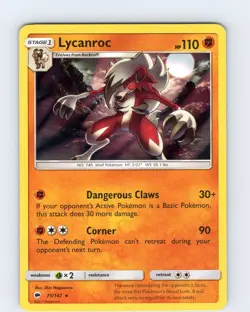 Pokemon TCG Lycanroc S&M Burning Shadows 75/147 Holo Rare Card NM - Image 1