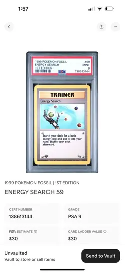 1999 POKEMON FOSSIL 1ST EDITION ENERGY SEARCH 59 PSA 9 MINT - Image 3