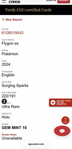 CGC 10 Gem Mint - Flygon EX 222 - English Surging Sparks Ultra Rare Pokemon TCG - Image 3