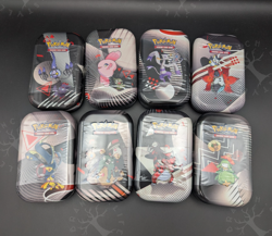 BRAND NEW Pokemon Mini Tin Display Black Bolt and White Flare Collection, 8 Tins - Image 1