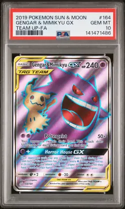 2019 POKEMON SUN & MOON TEAM UP #164 FULL ART/GENGAR & MIMIKYU GX PSA 10 - Image 1