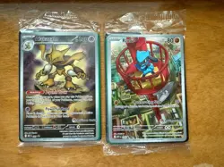 Mega Evolution Alakazam 009 and Riolu 010 Black Star Pokemon Center stamp SEALED - Image 1