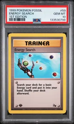 1999 POKEMON FOSSIL 1ST ED #59 ENERGY SEARCH PSA 10 - Image 1