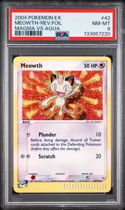2004 Pokemon Team Magma vs Aqua #42 Meowth Reverse Foil PSA 8 NM-MT - Image 1