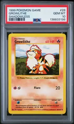 1999 POKEMON BASE SET SHADOWLESS #28 GROWLITHE PSA 10 - Image 1