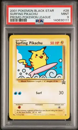 2001 POKEMON PROMO BLACK STAR POKEMON LEAGUE #28 SURFING PIKACHU PSA 9 - Image 1