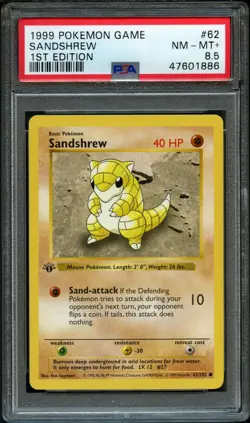 1999 Pokemon 1st Edition Shadowless Sandshrew Base Set #62 - PSA 8.5 NM - Mint - Image 1