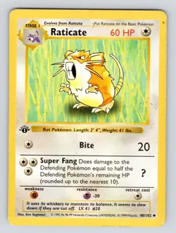 Raticate 1st Edition Base Set Shadowless 40/102 Pokemon - MP! - Image 1