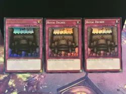 3x Royal Decree 2x THSF-EN058 Super Rare 1x DUDE-EN051 Ultra Rare NM 1st Playset - Image 1