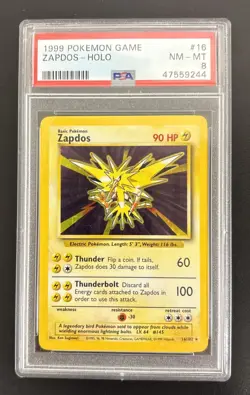 Zapdos Pokemon Base Set Unlimited Holo #16 PSA 8 - Image 1