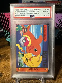 1999 Pokemon Japanese Bandai Anime Vending #185 Charmander Vs Pikachu PSA 10 - Image 1