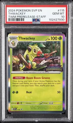 2024 POKEMON SVP EN-SV BLACK STAR PROMO #115 THWACKEY PSA 10 - Image 1