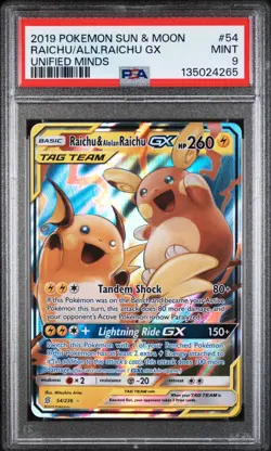 2019 POKEMON SUN & MOON UNIFIED MINDS #54 RAICHU & ALOLAN RAICHU GX PSA 9 - Image 1