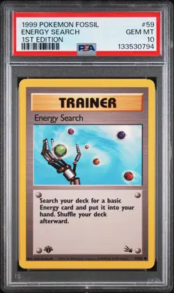 1999 POKEMON FOSSIL 1ST ED #59 ENERGY SEARCH PSA 10 - Image 1