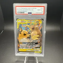 PSA 10 Gem Mint 2019 Pokemon Raichu & Alolan Raichu GX 54/236 Unified Minds - Image 1