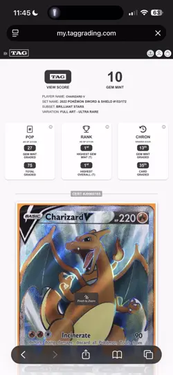 2022 Pokemon SWSH Brilliant Stars Charizard V Full Art 153 PSA 10 Gem Mint tag - Image 2