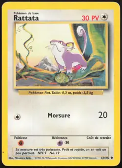 Carte Pokemon Rattata 61/102 Set de base Francais - Image 1