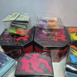 Pokemon TCG Accessories HUGE Lot Tins Coins Dice Sleeves Badges Pins - Image 1
