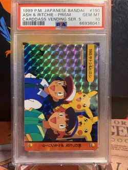1999 POKEMON JPN BANDAI CARDDASS VENDING SER 5 #190 ASH & RITCHIE-PRISM PSA 10 - Image 1