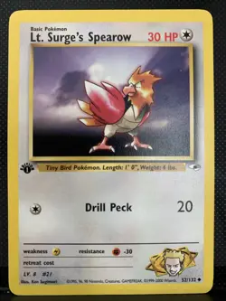 Pokemon TCG Lt. Surge's Spearow 1st Edition 83/132 Gym Heroes 2000 NM Condition - Image 1