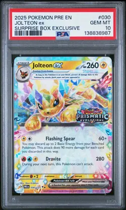 2025 POKEMON PRISMATIC EVOLUTIONS SURPRISE BOX EXCLUSIVE #030 JOLTEON EX PSA 10 - Image 1