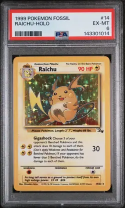1999 POKEMON FOSSIL #14 RAICHU-HOLO PSA 6 - Image 1