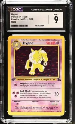 CGC 9 Hypno 8/62 Holo 1st Edition Fossil Pokemon Card - Image 1