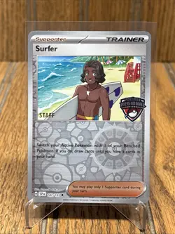 Pokemon Card STAFF Surfer 187/191 Promo Regional Surging Sparks Rev Holo 2024 NM - Image 1