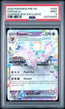Espeon ex 034 Pokemon Prismatic Evolutions Surprise Box Stamped PSA 9 MINT Card - Image 1