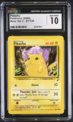 CGC 10 GEM MINT Pikachu 2000 Base Set 2 87/130 Pokemon Card - Image 1