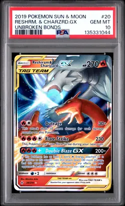 2019 POKEMON SUN & MOON UNBROKEN BONDS #20 RESHIRAM & CHARIZARD GX PSA 10 - Image 1