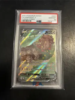 PSA 10 GEM MINT Pokemon Greedent V Fusion Strike Full Art 257/264 - Image 1