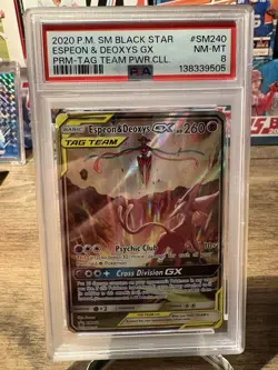 Pokemon TCG Espeon & Deoxys GX SM240 Black Star Promo Holo Card PSA 8 - Image 1