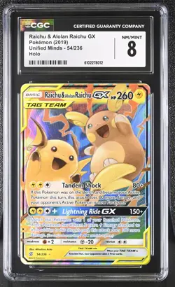 Raichu & Alolan Raichu GX 54/236 Unified Minds CGC 8 Graded Pokemon Card - Image 1