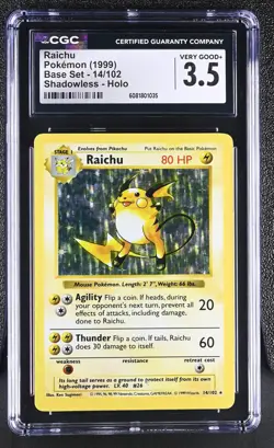CGC 3.5 Raichu 1999 Base Set 14/102 Shadowless Holo Pokemon Card - Image 1