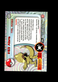 Abra : 1999 Topps Pokemon TV Animation Black Logo Card #63 + Fast FREE Ship - Image 2
