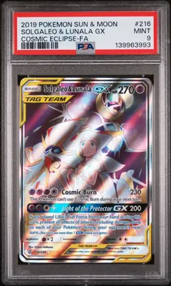 PSA 9 MINT Pokemon Solgaleo and Lunala GX Cosmic Eclipse Full Art 216/236 - Image 1