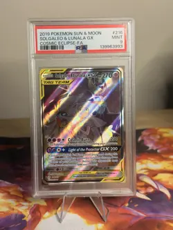 PSA 9 MINT Pokemon Solgaleo and Lunala GX Cosmic Eclipse Full Art 216/236 - Image 3