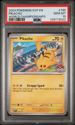 2024 POKEMON SVP EN-SV BLACK STAR PROMO WORLD CHAMPIONSHIPS #190 PIKACHU PSA 10 - Image 1
