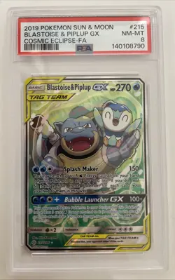 2019 Pokemon Blastoise & Piplup GX #215/236 Sun & Moon Cosmic Eclipse FA PSA 8 - Image 1