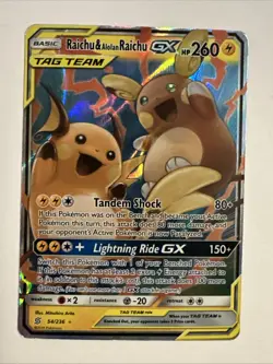 Pokemon TCG Holo Ultra Rare Raichu and Alolan Raichu GX Tag Team #54/236 HP - Image 1