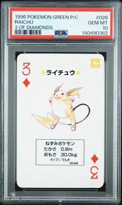 PSA 10 2026 CERT RAICHU 1996 POKEMON GREEN PLAYING CARDS 3 OF DIAMONDS #026 - Image 1