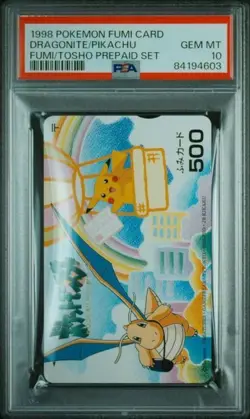 1998 POKEMON FUMI CARD DRAGONITE PIKACHU FUMI TOSHO PREPAID SET PSA 10 - Image 1
