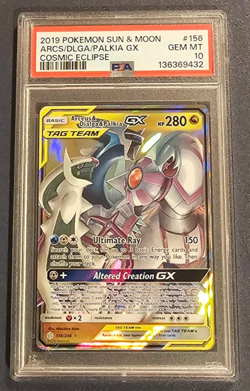 2019 POKEMON SUN & MOON COSMIC ECLIPSE #156 ARCEUS & DIALGA & PALKIA GX PSA 10 - Image 1