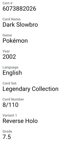 POKEMON CGC 7.5 Dark Slowbro 8/110 2002 Legendary Collection RARE!! Reverse Holo - Image 2