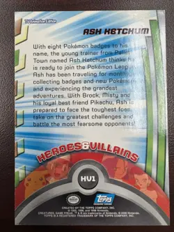Pokemon Topps Series 3 Ash Ketchum HV1 TV Animation Blue Logo Heroes & Villians - Image 2