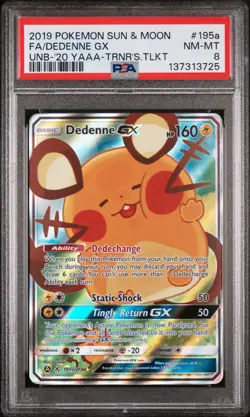 2019 POKEMON SUN & MOON UNBROKEN BONDS #195A FULL ART/DEDENNE GX PSA 8 - Image 1
