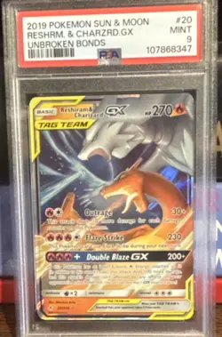 Pokemon Sm-Unbroken Bonds Reshiram & Charizard GX 20/214 Ultra Rare Holo PSA 9 - Image 1